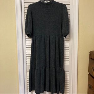 Puffed sleeve, mock neck midi dress